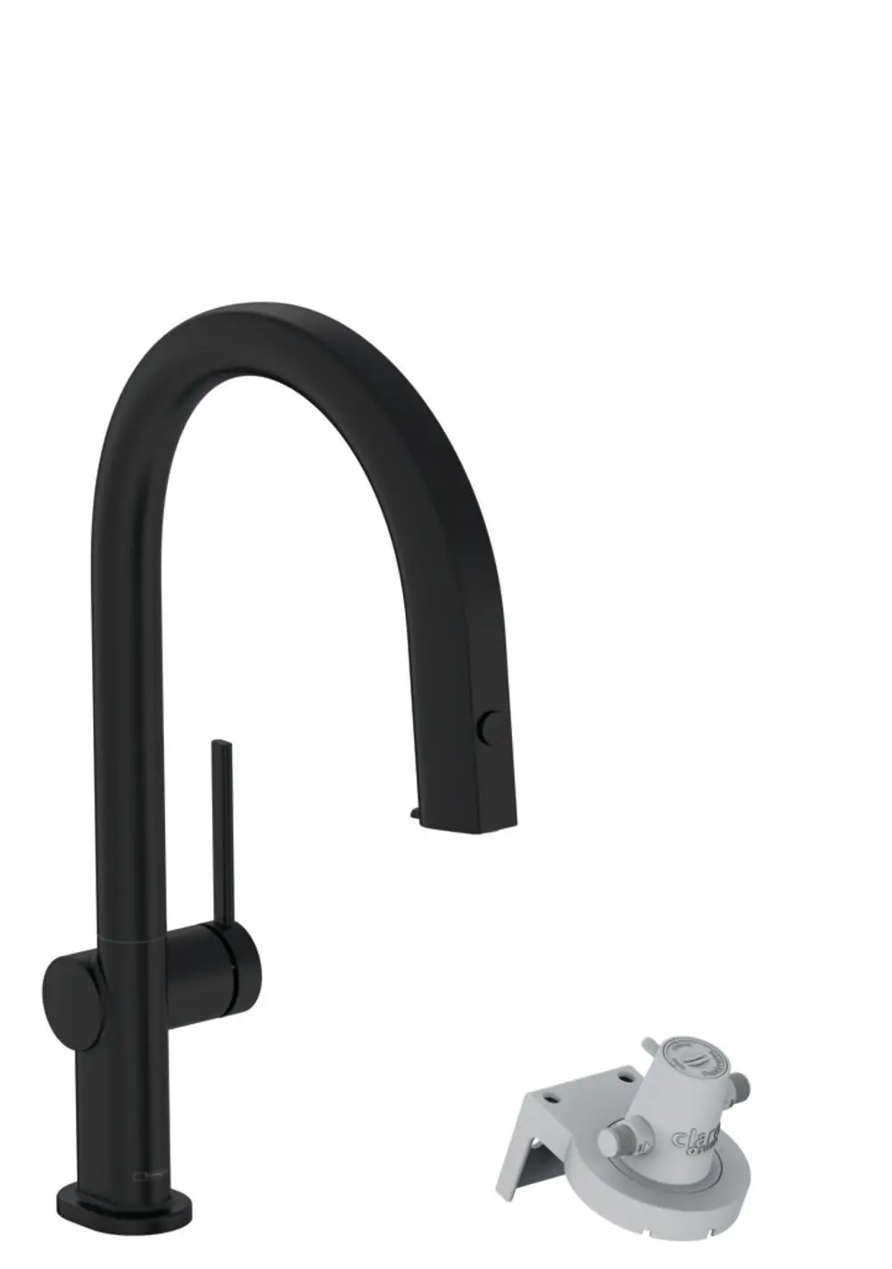 Schwarzer Küchenarmatur mit einem hohen, gebogenen Auslauf und einem Hebel zur Steuerung des Wasserflusses, inklusive einem kleinen grauen Filteranschluss von Hansgrohe.